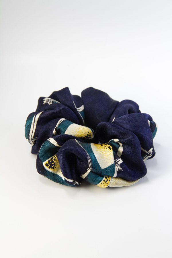 blue and yellow silk scrunchie